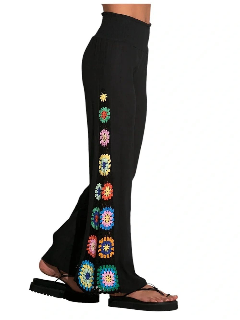 Elan Black Wide-Leg Pants with Vibrant Multicolor Crochet Panels NWT - Picture 4 of 11